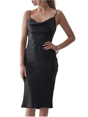 Sleeveless Spaghetti Strap Satin Midi Dress Cowl Neck